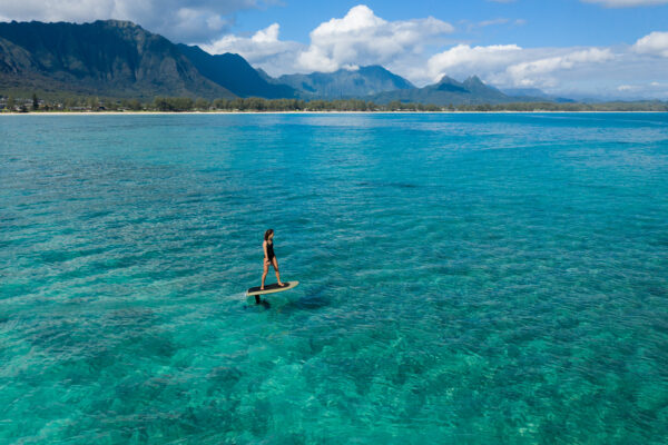 Fliteboard gracefully skimming the surface of a picturesque lake, surrounded by breathtaking natural beauty.