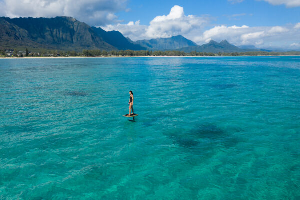 Fliteboard gracefully skimming the surface of a picturesque lake, surrounded by nature's serenity.